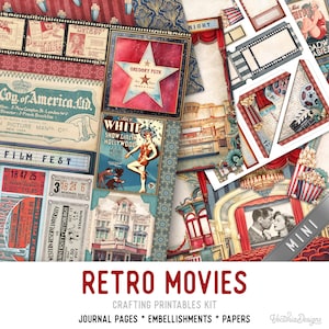 Retro Movies Junk Journal Kit MINI, Vintage Movies Crafting Printables Kit Movie Embellishments Printable Movies Paper Craft 003677