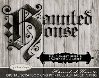 Haunted House Alphabet Digital Scrapbooking Alpha Uppercase Lowercase PNG Halloween crafting instant sheet digital download - 001782