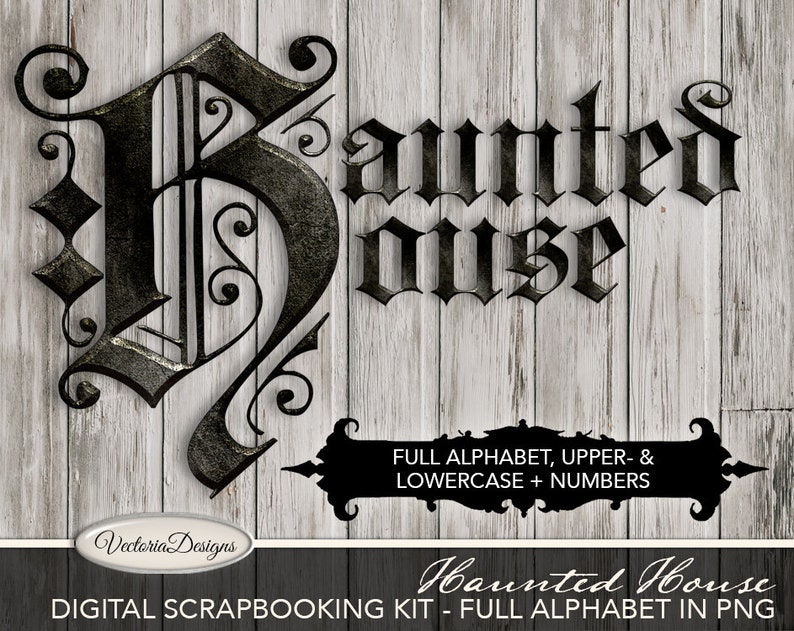 Haunted House Alphabet Digital Scrapbooking Alpha Uppercase Lowercase PNG Halloween crafting instant sheet digital download 001782 image 1