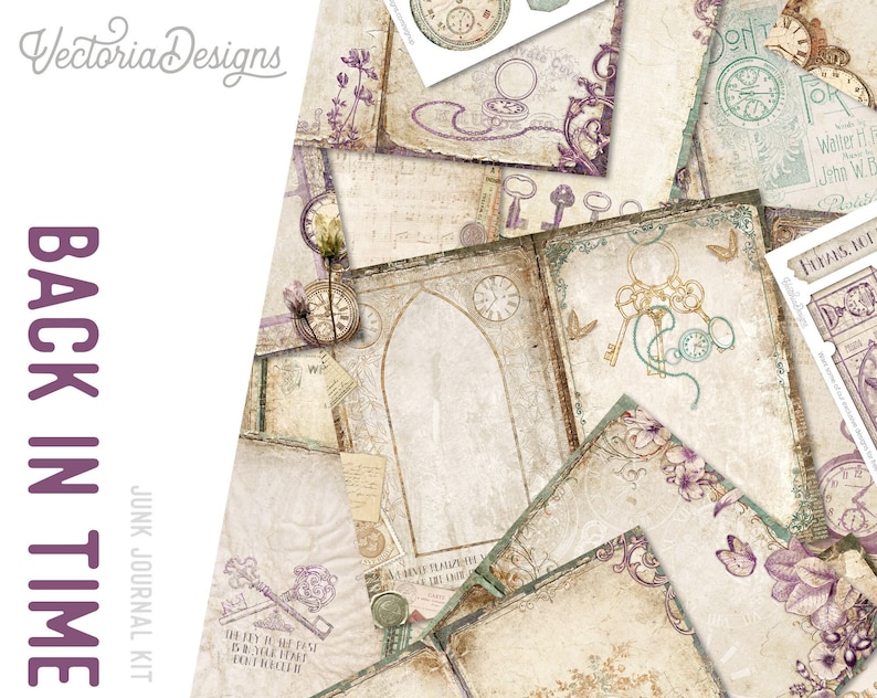 Op de afbeelding: Een digitale junk journal kit met een vintage esthetiek. De kit bevat verschillende papieren met afbeeldingen van sleutels, klokken en bloemmotieven. De tekst "Back in Time" en "Junk Journal Kit" staat op de omslag.