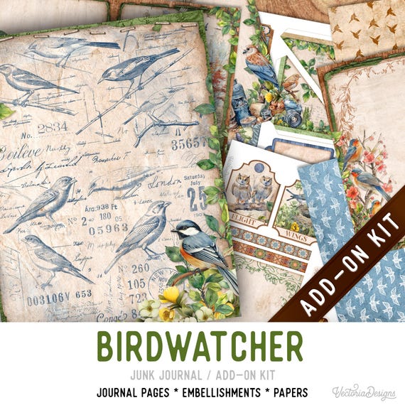 Birdwatcher Junk Journal Kit ADD-ON, Printable Pages, Embellishments, Papers - 004010