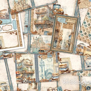 May include: A collage of vintage-style paper ephemera with illustrations of European cityscapes, travel motifs, and architectural details. The color palette includes shades of blue, brown, and cream, with decorative frames, labels, and text elements.