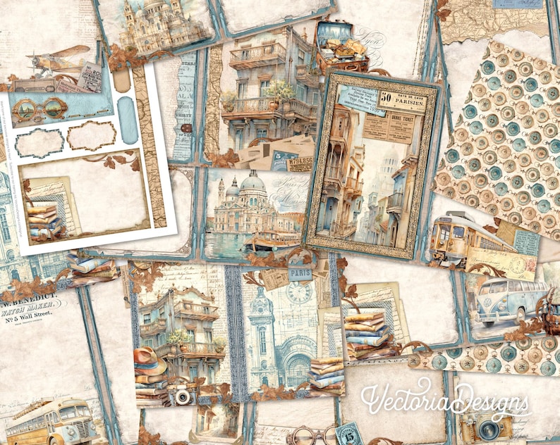 May include: A collage of vintage-style paper ephemera with illustrations of European cityscapes, travel motifs, and architectural details. The color palette includes shades of blue, brown, and cream, with decorative frames, labels, and text elements.