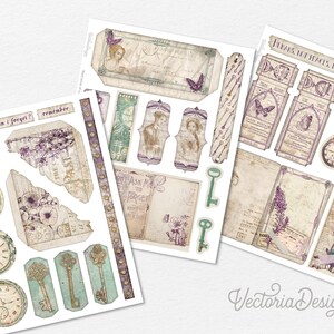 Op de afbeelding: Een set digitaal scrapbookpapier in vintage stijl met verschillende afbeeldingen, waaronder klokken, sleutels, vlinders en bloemenmotieven. Het papier is in tinten paars, groen en bruin, met een verweerde, verouderde uitstraling. De tekst "FUTAS, BUT PLACES, MAKE MEMORIES" is op een van de papieren opgenomen.