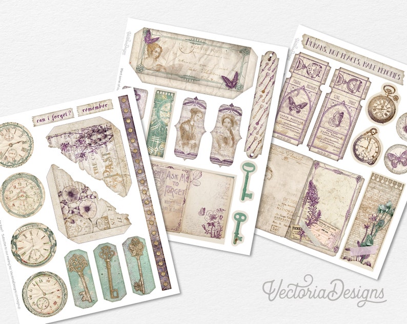 Op de afbeelding: Een set digitaal scrapbookpapier in vintage stijl met verschillende afbeeldingen, waaronder klokken, sleutels, vlinders en bloemenmotieven. Het papier is in tinten paars, groen en bruin, met een verweerde, verouderde uitstraling. De tekst "FUTAS, BUT PLACES, MAKE MEMORIES" is op een van de papieren opgenomen.