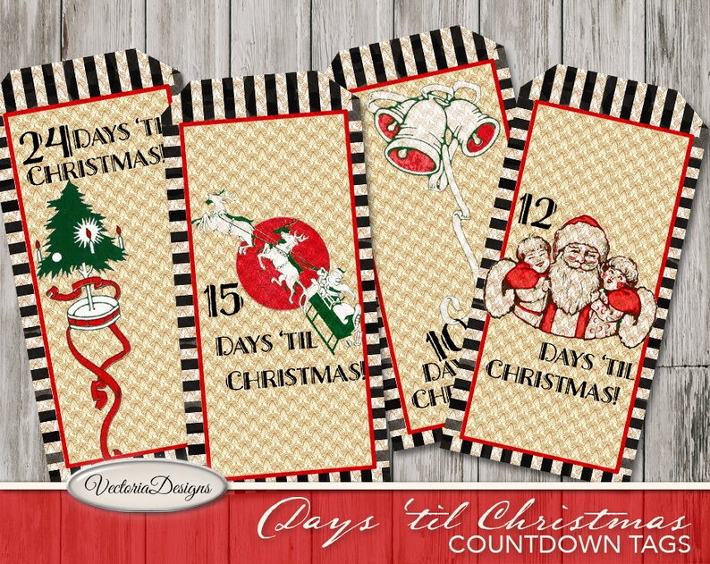 Christmas Countdown Tags printable Advent Calendar tags vintage gift tags digital graphics instant download Digital Sheet VDTACM1829