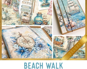 Beach Walk Junk Journal Kit DELUXE, Beach Crafting Printables Kit Nautical Embellishments Printable Nautical Paper Kit Craft Tutorial 003406