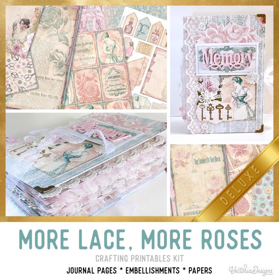 More Lace More Roses DELUXE Crafting Printables Kit, Roses Junk Journal, Embellishments, Printable Paper Pack, Craft Kits, Tutorial - 002697