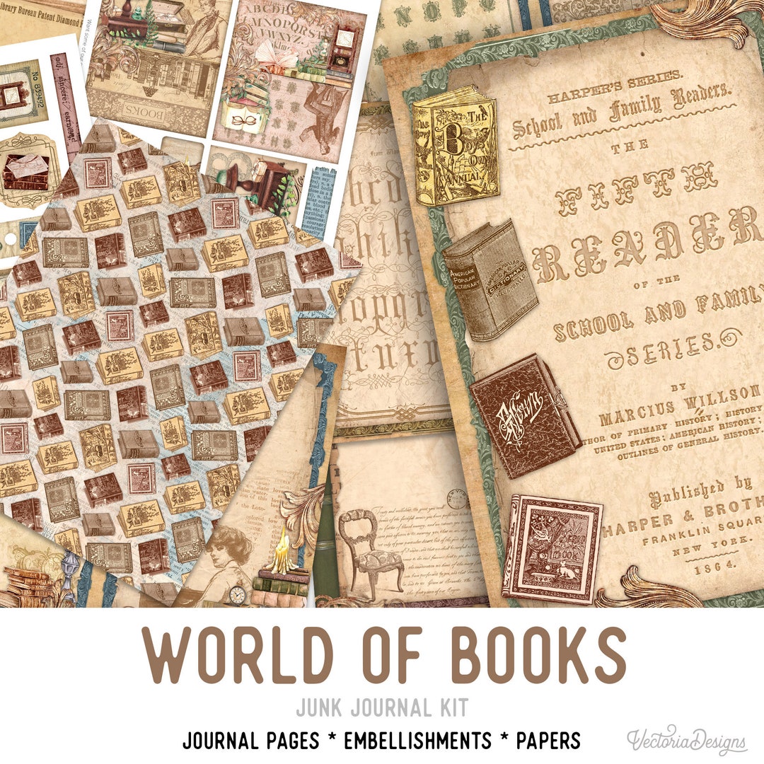 World of Books Junk Journal Kit, Printable Embellishments, Reading Junk ...
