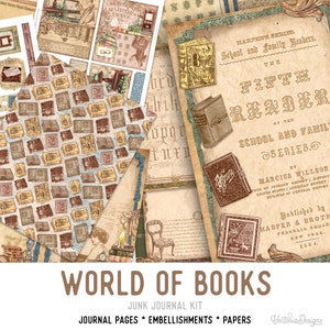 World of Books Junk Journal Kit, Printable Embellishments, Reading Junk Journal Kit,  Book Craft kits, Printable Junk Journal Kit - 002487