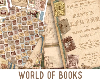 World of Books Junk Journal Kit, Printable Embellishments, Reading Junk Journal Kit,  Book Craft kits, Printable Junk Journal Kit - 002487