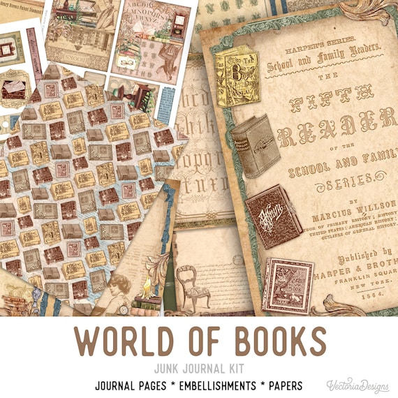 World of Books Junk Journal Kit - Printable Pages for Crafting - 002487