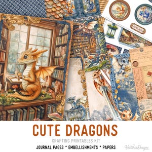 May include: A digital crafting kit featuring illustrations of small dragons in a library setting, with mushrooms, vintage-style envelopes, postage stamps, and decorative borders. The collection includes journal pages, paper sheets, and circular embellishments.