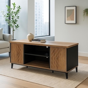 Mid-Century Modern TV Stand – 59&quot; Wood Media Console with Storage & LED Lighting