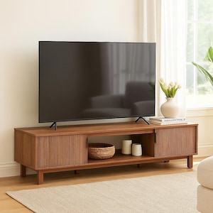 Mid-Century Modern TV Stand – 70&quot; Fluted-Door Media Console with Storage, Mocha Finish