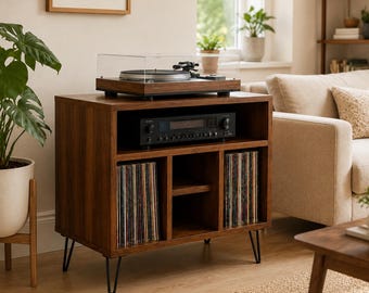 Mid Century Record Player Stand with Vinyl Storage, Turntable Cabinet, LP Record Organizer, Media Console for Living Room