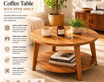 Modern Round Coffee Table with Storage Shelf, Rustic Wood Center Table, Scandinavian Living Room Furniture