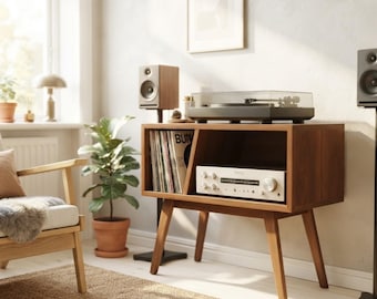 Mid Century Modern Record Player Stand with Vinyl Storage, Walnut Turntable Cabinet, Wooden Record Console Table, Audio Media Cabinet