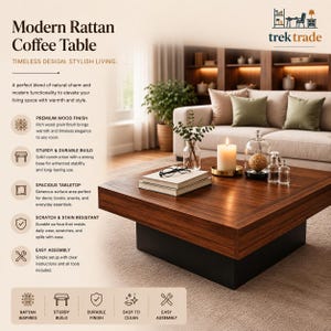 May include: A modern rattan coffee table with a dark wood finish and a black base. The table has a spacious tabletop and is scratch and stain resistant. The image also shows a sofa, decorative items, and the text "Modern Rattan Coffee Table".