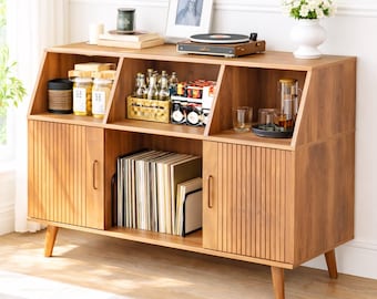 Mid Century Record Player Stand with Vinyl Storage Cabinet, Walnut Turntable Table, Modern Living Room Storage Console