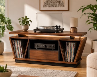 レコードプレーヤー用モダンスタンド（レコード収納付き）、ウォールナット製メディアコンソール、ターンテーブルキャビネット、ミッドセンチュリーTVコンソール、LP収納