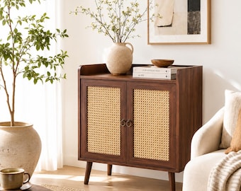 Mid Century Rattan Storage Cabinet, Walnut Accent Cabinet, Boho Sideboard Buffet, Cane Door Bar Cabinet, Entryway Organizer