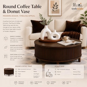 Round Coffee Table with Donut Vase Set, Fluted Drum Storage Table, Mid Century Modern Living Room Decor