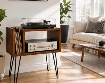 Mid Century Record Player Stand with Vinyl Storage, Walnut Turntable Stand, Record Cabinet, Vinyl Organizer, Audio Console Table