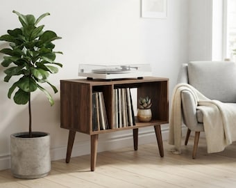 Mid Century Modern Record Player Stand with Vinyl Storage - Wooden Turntable Console Table, Audio Equipment Cabinet, Stereo Receiver Shelf