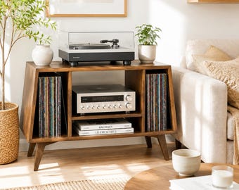 Suporte para toca-discos estilo meados do século com espaço para guardar vinil, gabinete para toca-discos, console para guardar discos de vinil, móvel para mídia em nogueira