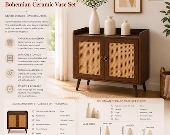 Rattan Sideboard Cabinet with Ceramic Vase Set, Mid Century Buffet Cabinet, Boho Storage Cabinet & Home Decor Bundle