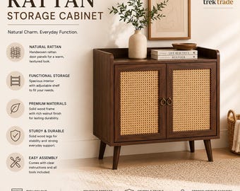 Mid Century Rattan Storage Cabinet, Walnut Accent Cabinet, Boho Sideboard Buffet, Cane Door Bar Cabinet, Entryway Organizer