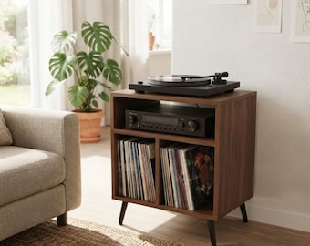 Mid Century Modern Record Player Stand with Vinyl Storage | Walnut Turntable Stand | Record Cabinet for Living Room