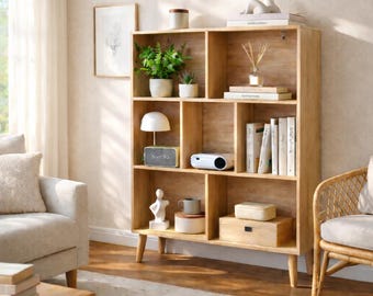 Modern Wooden Cube Bookshelf with Legs, 7 Cube Storage Organizer, Open Display Shelf for Living Room, Bedroom, Home Office