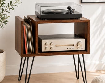 Mid Century Record Player Stand with Vinyl Storage, Walnut Turntable Stand, Record Cabinet, Vinyl Organizer, Audio Console Table