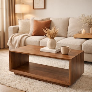 Mid Century Modern Coffee Table with Storage Shelf, Walnut Rectangle Living Room Table, Small Space Cocktail Table