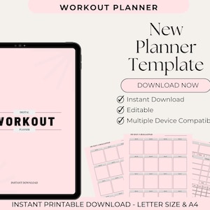 May include: Digital workout planner template with a pink and white design. The image includes a tablet displaying the planner, additional printable pages, and text that reads "New Planner Template" and "Download Now."