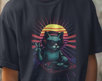 DJ Cat T-Shirt | Retro Synthwave Style | Rising Sun Print | Kids Meme Tee | Retro Vibes