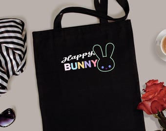Happy Bunny Tote Bag: Black Cotton Blend Eco Shopper
