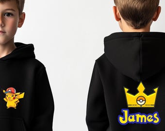 Custom Pokémon Inspired Hoodie – Pikachu Personalised Name on Back – Kids Christmas Gift