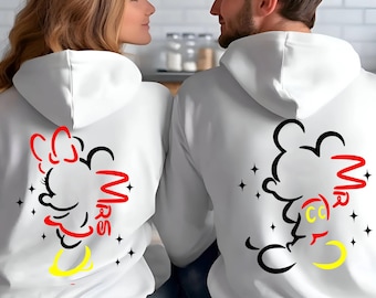 Personalised Mr and Mrs Disney Hoodies – Matching Mickey & Minnie Couple Sweatshirts – Est. Date – White Wedding Gift, Honeymoon Outfit