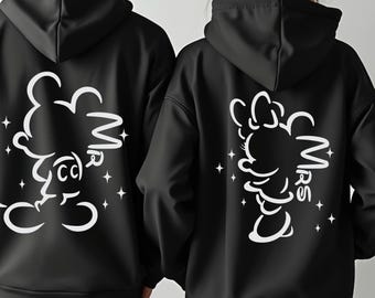 Personalised Mr and Mrs Disney Hoodies – Matching Mickey & Minnie Couple Sweatshirts – Est. Date – Wedding Gift, Honeymoon Outfit