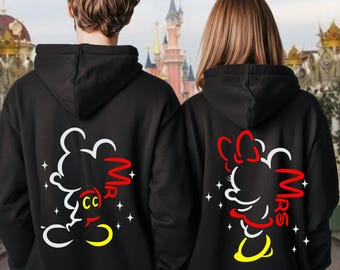 Personalised Mr and Mrs Disney Hoodies – Matching Mickey & Minnie Couple Sweatshirts – Est. Date – Wedding Gift, Honeymoon Outfit