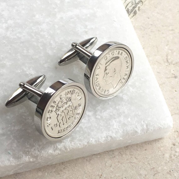 Premium 1945 Lucky sixpence cufflinks for a 75th Birthday cufflinks