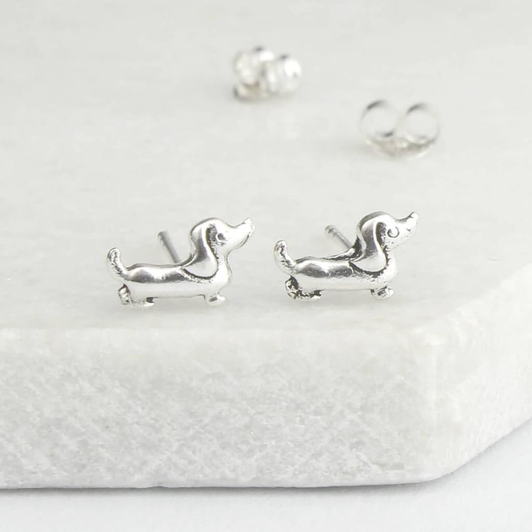 Orecchini A Bottone Bassotto In Argento Sterling 925 – Simpatici Cagnolini 6x10 Mm In Scatola Regalo