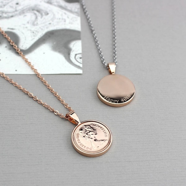 Personalised Rose Gold or Silver Halfpenny Necklace 1971 To 1983 - customised