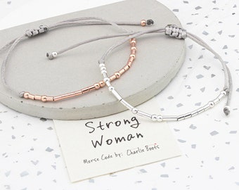 Strong Woman Morse Code Bracelet, plated or sterling silver 925