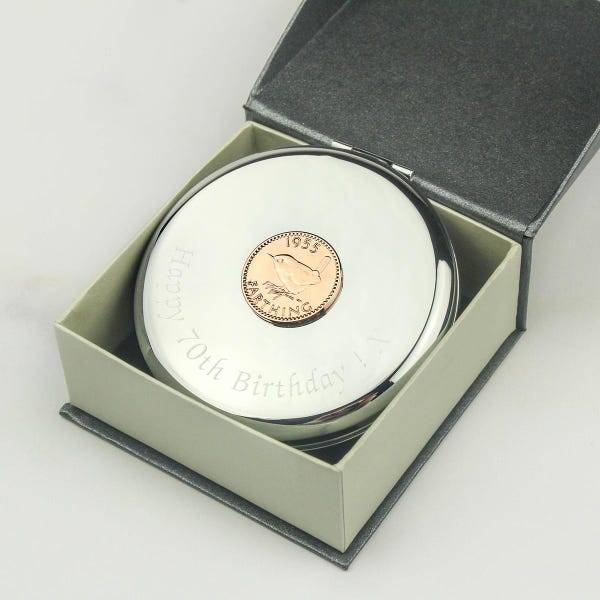 Personalised 80th Or 70th Birthday Farthing Coin Compact Mirror