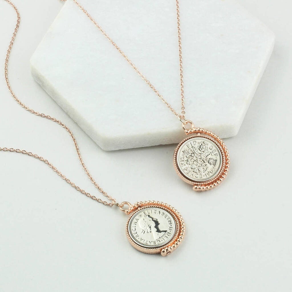 Dates 1928 To 1967 Sixpence Rose Gold Spinner Necklace