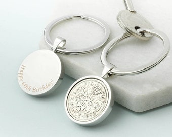60th Birthday Sixpence Keyring - customised